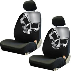 Front Low Back Car Truck SUV Bucket Seat Covers - Grey Skull - Pair