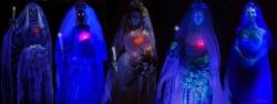 giveageeksomelove:  Disneyland Haunted Mansion Brides. The DL version was messed with a lot more than the WDW version, clearly.  From left to right: “Corpse bride” version of the Beating Heart bride was probably the original (August 1969- Late 70’s?),