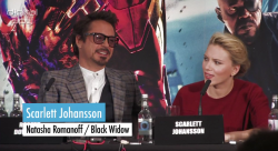 villa-kulla:  Reporter: I have a question to Robert and to Scarlett. Firstly to Robert, throughout Iron Man 1 and 2, Tony Stark started off as a very egotistical character but learns how to fight as a team. And so how did you approach this role, bearing