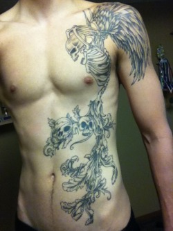 fuckyeahtattoos:  This is my first tattoo, it took 4 sessions, about 8 or 9 hours altogether. There is no symbolic meaning, i guess im just into demonic things. I think its a dope ass image lol. The tat was done by Kevin Hewitt, great tattoo artist, and