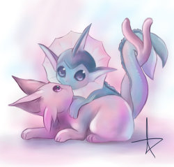 lady-kumquats:  Vaporeon and Espeon by *Kenneos  see? Now is this better than the other Vaporeons you&rsquo;d been throwing all over my dash?
