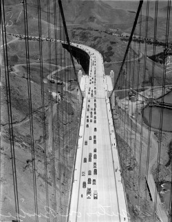 prurientone:  varietas: Shot from the north tower of the Golden Gate Bridge. The first cars cross the span on their way to San Francisco, as the bridge opens for business in 1937. From the San Francisco Examiner  archives  