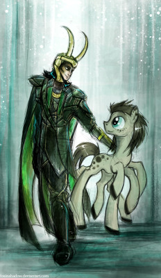 Loki with his son, 8 legged Sleipnir /)^3^(\Sorry for mixing Marvel universe with authentic legend, but they look so cute together xDIn short words:Svaðilfari was a stallion, owned by ice giant that took up the task of building a wall around Asgard in