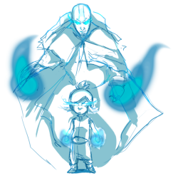 jasjuliet:  An idea I had. Korra enters the Avatar state as a girl, perhaps because some sort of danger threatening her safety or her family’s. Aang manifests himself and Tonraq witnessed the event in awe.