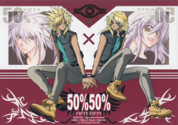 midknighthikari:  Title - 50 50 by High mode. Yu-Gi-Oh! Part 1/3 Genres- Humour and slight romance.  Pairings- Thiefshipping (Malik X Bakura) hints of Bronzeshipping (Malik X Mariku) and Tendershipping (Bakura X Ryo) Rated PG for bragging about BJ’s