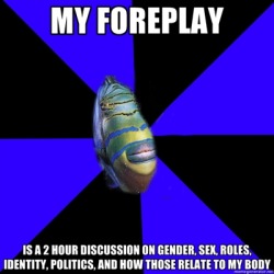 transparrotfish:  [Image description: Background is 8 piece pie style color split with black and blue alternating. Foreground is a photo of a parrotfish. Top text reads “my foreplay”. Bottom text reads “is a two hour discussion on gender, sex, roles,