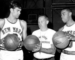 Knicks&rsquo; coach Dick McGuire welcomes Phil Jackson and Walt Frazier to training camp. (1967)