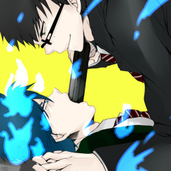 thethreeoddestwords:  Rin wriggled against Yukio the moment Yukio pinned him down to the ground, after their training session. He looked surprised for a moment, Yukio was usually so careful with where they were and who might see them. But there was a