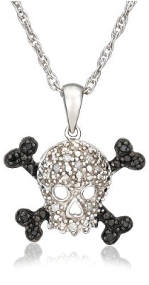 Sterling Silver Black and White Diamond Skull Pendant