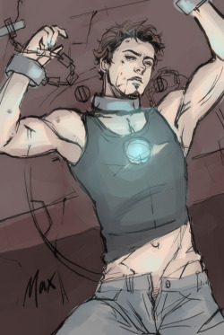 thingsfortwwings:  [Fanart: Tony Stark chained to a wall, his tank top pushed up and his pants unbuttoned] 