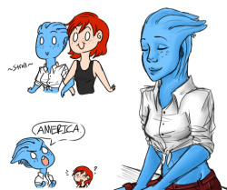 ok some liara doodles as i said i was gonna do  (added femshep because how the hell was i not going to add her) liara&rsquo;s saying &ldquo;AMERICA&rdquo; because unintentionally shes wearing red, white, and blue. &gt;.&gt;