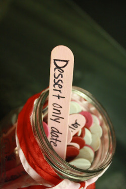 ourspacebetween:  I could see us doing this :D Sounds like fun to me!! :D   chainofaffection:  Date night in a jar (Could be altered to be best friend dates in a jar)  I used big popsicle sticks and spray painted them different colors. Each color represen