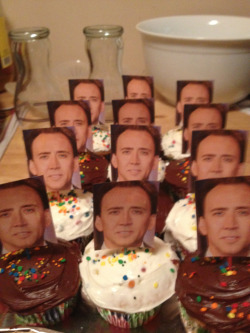  Me and my friends are having a Nicholas Cage party tonight and my friend made Nick Cage cupcakes. 