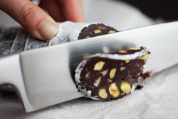 pumpernickelandcoal:  Chocolate Salami Ingredients  6 ginger cookies &frac14; cup port wine 1 3/4 cups chopped semi-sweet dark chocolate 1 3/4 cups chopped milk chocolate 2 tablespoons unsalted butter &frac14; cup sugar 1 1/2 vanilla beans, seeds only
