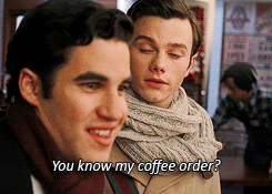  #Blaine’s face in the second on though #he is all like #GOD FUCKING DAMMIT KURT  #OF COURSE I KNOW YOUR FUCKING COFFEE ORDER #I’M THE FUCKING LOVE OF YOUR FUCKING LIFE  #AND ONE DAY WE ARE GOING TO MOVE TO NEW YORK AND GET MARRIED SO FUCKING