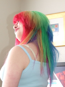 fuckyeah-dyedhair:  Hi, I’m Amber and I have dyed my hair almost every colour under the sun! Here’s a picture from when I had rainbow hair last summer. The yellow and orange didn’t work particularly wll (because I didn’t have a real orange dye)