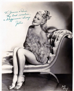   Julie Bryan Vintage 40’s-era promo photo personalized to fellow dancer Janice Miller: “To Janice &amp; Dave — My best wishes &amp; happiness always, — Julie ”..  
