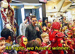 datsalec:  Robert Downey Jr. surprised some young fans and helped judge an Iron Man costume contest. [x] 