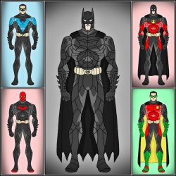 herochan:  Batfamily - The Dark Knight Version Batman (Bruce Wayne), Nightwing (Dick Grayson), Red Hood (Jason Todd), Red Robin (Tim Drake), &amp; Robin (Damian Wayne). Created by Dragos Dragan 