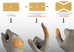 ichbincris:  alexob:  AmoeBAND became a 2012 IDEA Award Finalist by innovating every possible aspect of the plaster (band aid). The design revisions were:   - Strategic cut-outs shape to fit fingers in such a way that it is easy to bend them and not