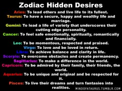 thedame:  starseedthoughts:  eyevisualize:  mindofataurus:  Zodiac Hidden Desires Aries: To lead others and live life to its fullest. Taurus: To have a secure, happy and wealthy life and marriage. Gemini: To lead a life of variety that underscores their
