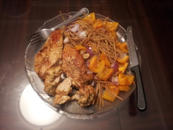 Ohhhhhh I made a cajun style chicken breast (I had it tenderized so that it cooked faster/marinaded better) with a side of panfried noodles/orange pepper/red onion this is really good. :U Even though this was probably the easiest thing in the world to