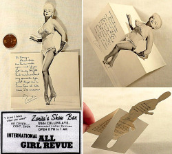 &ldquo;Hi Honey &ndash; Please take me home with you..&rdquo; Zorita appears on a complimentary 60’s-era &ldquo;standee&rdquo; card gifted to patrons attending her own ‘Zorita&rsquo;s Show Bar’ nightclub; located in Miami, Florida.. These souvenirs