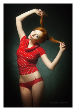 Redhead in red lingerie &amp; white dots. 