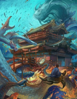 niuner:   Ryu Gu Jo (2010): This piece was illustrated for Japanese folk tale “Urashima Tarou”. In the story, a young boy Tarou saves an endangered sea turtle and as reward, the turtle takes the boy to visit underwater dragon palace called Ryu Gu