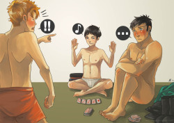yesyaoiyeah:  Kid Flash, Robin &amp; Superboy from Young Justice Luv this picture! XD  A Game of StripPoker with the boys. ;)