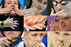 doitinthelibrary:  A combination of pictures taken during the London 2012 Olympics Games shows athletes’ fingernails decorated with their national colors. From top left: Allison Schmitt (USA), Suzana Jacobos (Hungary), Rebecca Adlington (Britain), Luz