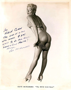     Kaye McNamara    aka. “The Wild Irish Rose”.. Vintage 50’s-era promo postcard personalized: “For Hirsh Cohen, The kind of a Fan who makes a girl want to do her Best — Luck &amp; Good Health!   Always, Kaye McNamara”..    