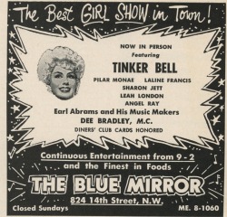 burlyqnell:    Tinker Bell Vintage promo ad for an appearance (February 16, 1964) at &lsquo;The Blue Mirror&rsquo; nightclub, as featured in “This Week in the Nation’s Capital”; a Washington-area nightlife guide magazine..