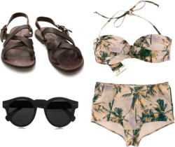miel-doux:  chill by h-oney featuring leather strappy sandals  H&amp;M bikini swimwear, ื / The Last conspiracy leather strappy sandals, 贘 / Illesteva Leonard round-frame matte-acetate sunglasses  