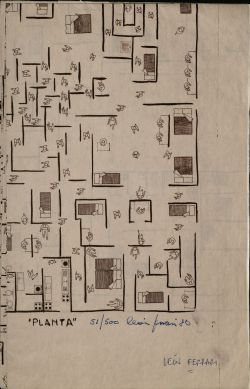  Artist File find of the day: a diazo (heliograph) print by Argentinian artist León Ferrari. Titled Planta and dated 1980, this detail of the blueprint-sized plan shows how the artist used architectural clip art to create a dense human maze—suggesting