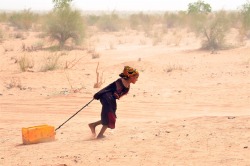 politics-war:A Malian refugee pulls a jerrican of water at the Mbere refugee camp on May 3, near Bassiknou, southern Mauritania, 60 km from the border with Mali. The fighting in Mali has left more than 60,000 people internally displaced, and a similar