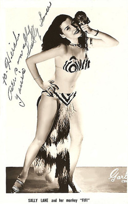 Signed vintage 50’s-era promo postcard of Sally Lane (and her Monkey: “Fifi”)..