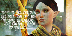 lelianas:  DA30 Day 10: Favorite Party Banter  Merrill: I miss it sometimes, things being certain.Anders: Some things are certain. Merrill: Not anymore.  Because I hate when people imply that Merrill is a stupid naive moeblob, but I don’t have to write
