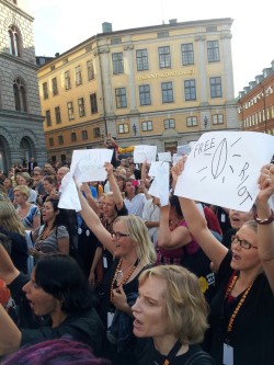 The Free Pussy Riot demo today in Stockholm. They were sentenced two years in prison today for hooliganism. Stupid Russia. :(  http://www.bbc.co.uk/news/world-europe-19297373