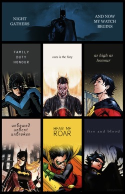 gunslinger:  batgirlrising:  Batfam of Thrones. “I shall wear no crowns and win no glory. I shall live and die at my post. I am the sword in the darkness. I am the watcher on the walls. I am the fire that burns against cold, the light that brings the