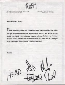 zingyvillain:  Korn’s letter to close friends, during the “Life Is Peachy” era.     nice