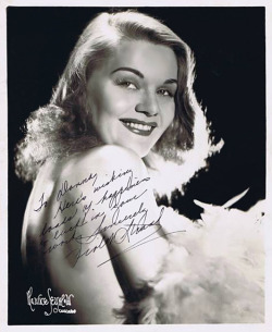 Violet Strand Vintage 40’s-era promo photo personalized to fellow dancer Donna Leslie: “To Donna — Here&rsquo;s wishing you loads of happiness &amp; luck in your work. Sincerely, — Violet Strand ”..