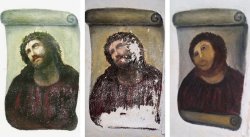 almighty-overlord:  barrier-trio:  croastbeefkazenzakis:  a woman in spain attempted to restore part of a fresco in her local church by herself before realising she’d made a horrible mistake and turning herself in to the authorities what an excellent