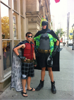 touchofgrey37:  juliet70:  littlefindsforgot:  Just ran into this on the street. When I asked why they were dressed up they said they were going to the beach.  I want to see a movie about THESE two  They are the heroes the beach deserves.  