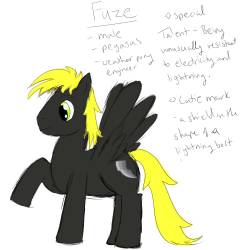 So I&rsquo;ve realized I&rsquo;ve never actually done a proper reference sheet for Fuze, so I made a quick one. - Fuze is a dark gray pegasus with a yellow mane in the style of a mullet, and yellow tail.  He&rsquo;s a weather pony who&rsquo;s specializes