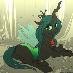 negativefade:  ecmajor:  Chrysalis lounging for no reason - by Javanshir  “SHE WEARS A CINNAMON CAR FRESHNER™ BECAUSE SHE SMELLS BAD.”  says the artist. I think that is super adorable XD Why is foul-smelling chrysalis so cute :S  Dat air freshener.