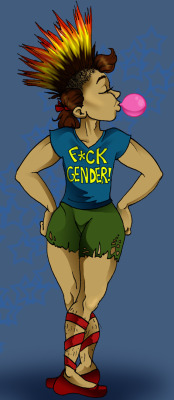 [image description: a tan-skinned punk strikes a balletic pose, looking to hir left and blowing a pink gum bubble. Ze is wearing red dance shoes, tattered green shorts, and a blue shirt that reads &ldquo;F*CK GENDER!&rdquo; in yellow letters. Hir hair