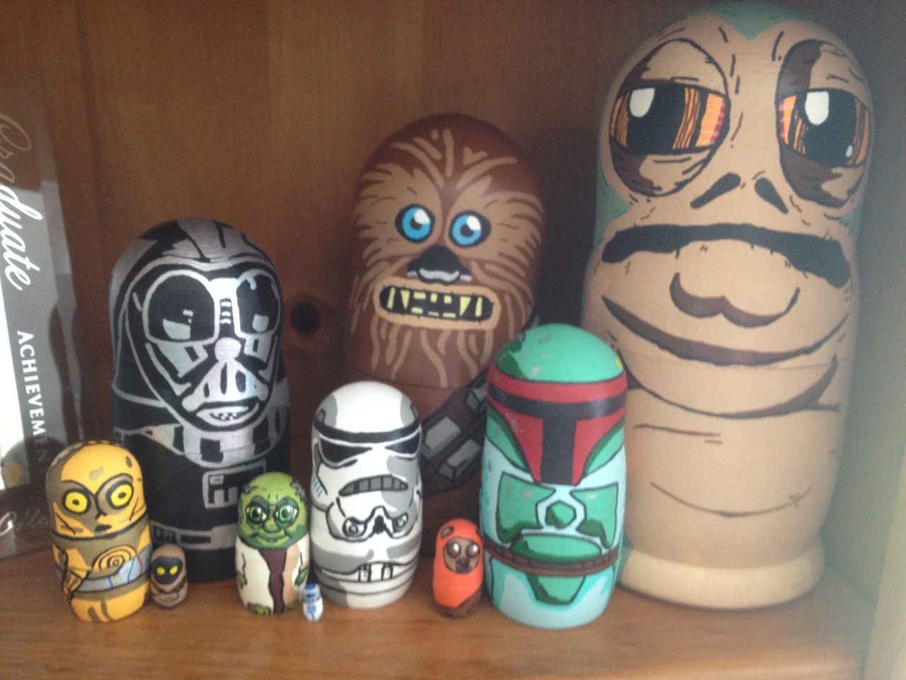 I&rsquo;ve always had a fascination with nesting dolls, also known as stacking dolls or, originally, Matryoshka dolls. For a show that I had coming up, I decided to experiment and test the crowd&rsquo;s reaction to my own personalized dolls.For this one, I used my favorite Star Wars characters. They seemed to be a hit, so I might start selling these and taking commissions for other sets. Maybe my next project will be Jim Henson&rsquo;s Labyrinth?Challenge! Can you name them all? www.alexwalters.tumblr.com