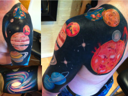 stonedpervert:     fuckyeahtattoos:  Submitting this for my client Mark! - Solar System / Planets tattoo by Matt at Bespoke Body Art Tattoo Boutique, Grimsby, UK. Done in 3 awesome day sessions, Mark wanted realism and plenty of black to set off the