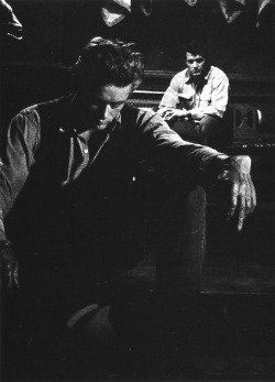 jamesdeandaily:  James Dean and Rock Hudson on the set of Giant, photograph by Sanford Roth. 